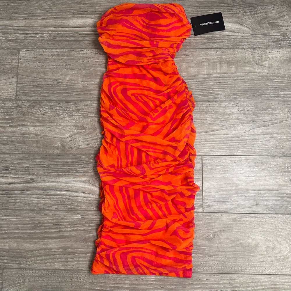 Strapless Midi Mesh Bodycon Bandeau Abstract corset Dress in Orange and Pink - Picture 2 of 7